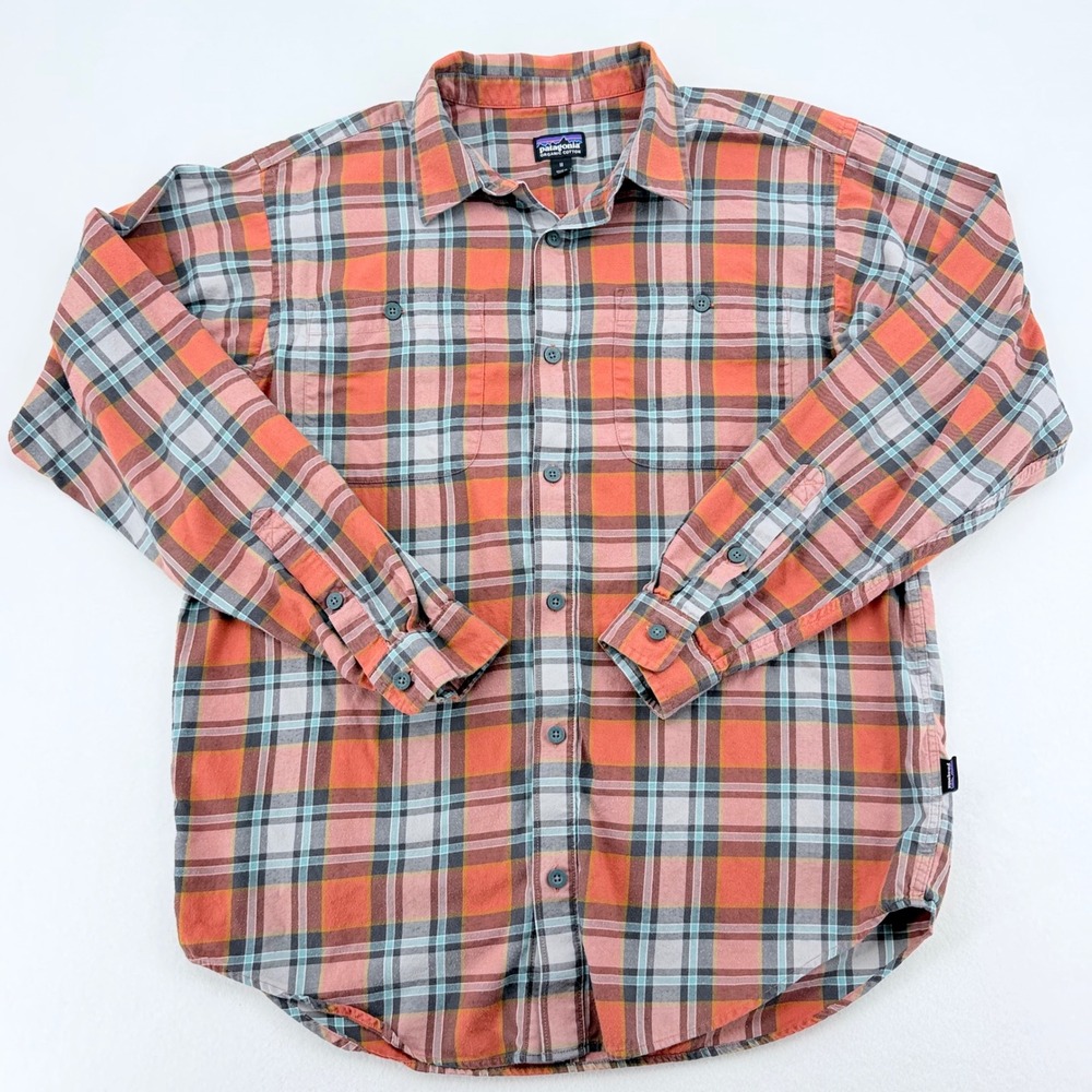 Patagonia Flannel Button Down Mens Medium Orange Plaid 53837 Excellent